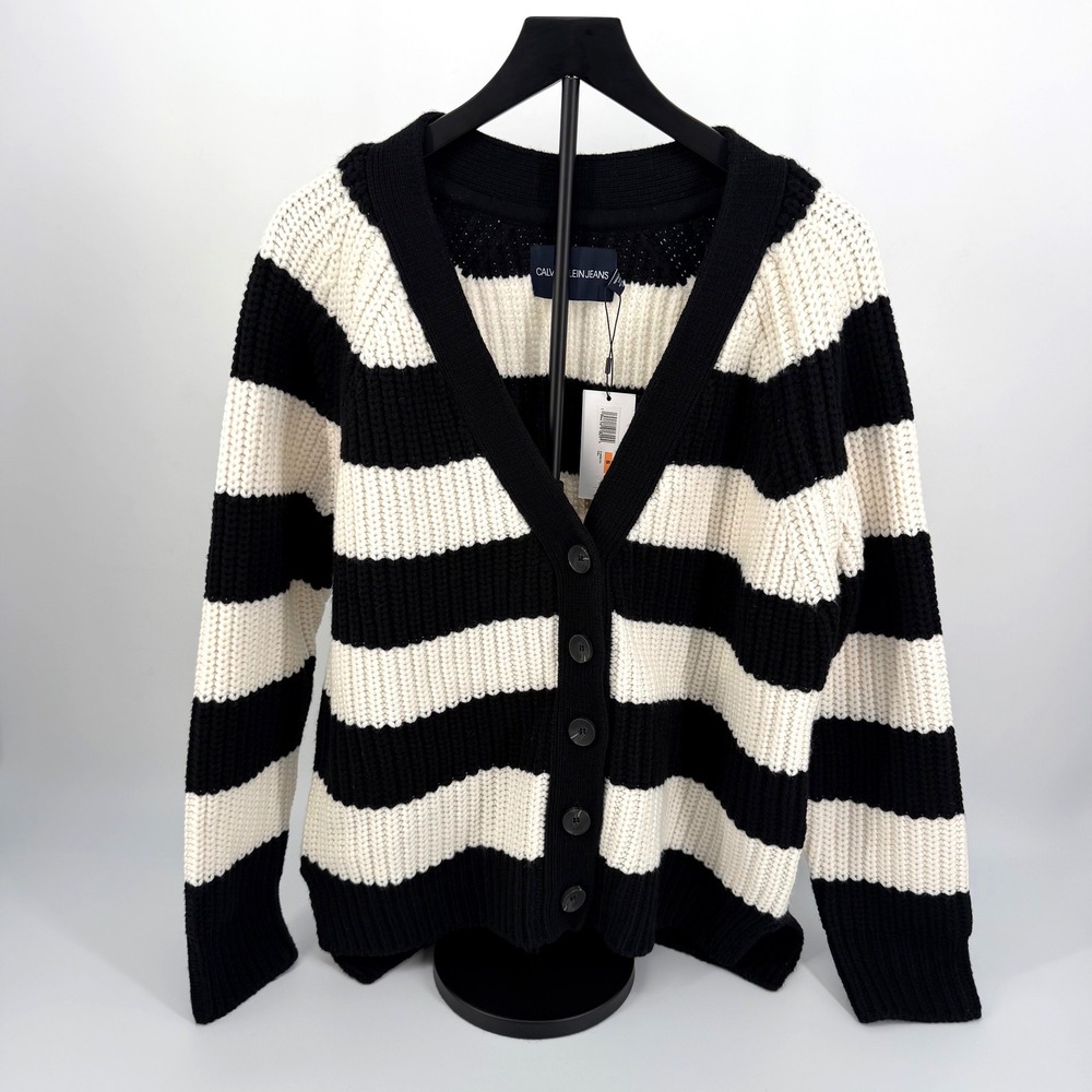 Calvin Klein Jeans Cardigan Women S Black White NEW Striped Shaker Knit